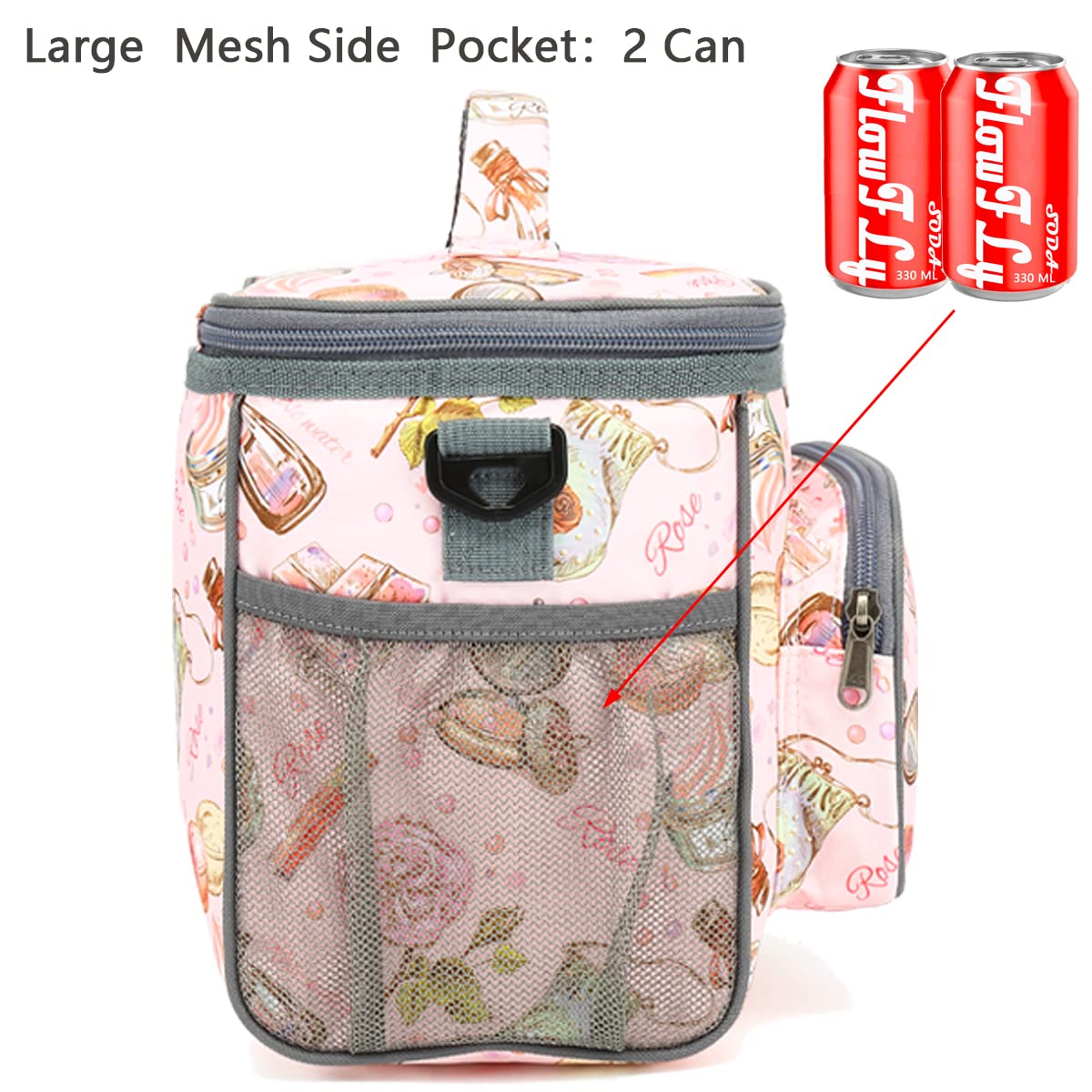 FlowFly Insulated Reusable Lunch Bag Adult Large Lunch Box for Women and Men with Adjustable Shoulder Strap,Front Zipper Pocket and Dual Large Mesh Side Pockets,Rose