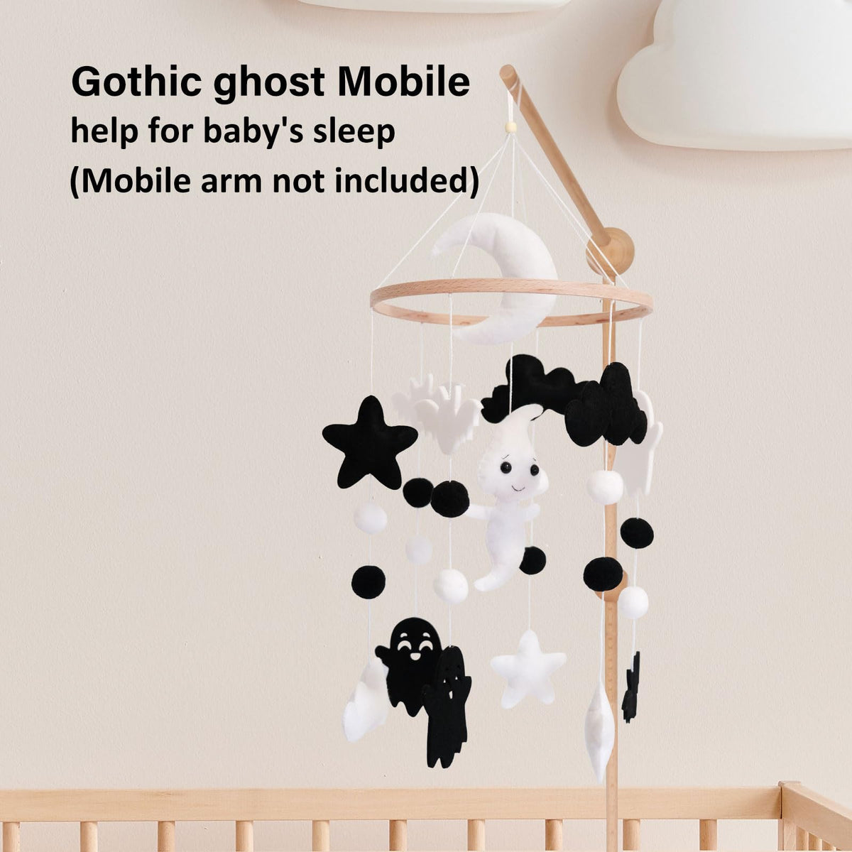 Ghost Baby Mobile, Halloween Mobile for Crib, Goth Crib Mobile for Boys and Girls, Gothic Nursery Mobile for Bassinet, Pack and Play, Ghost, Bat, Moon