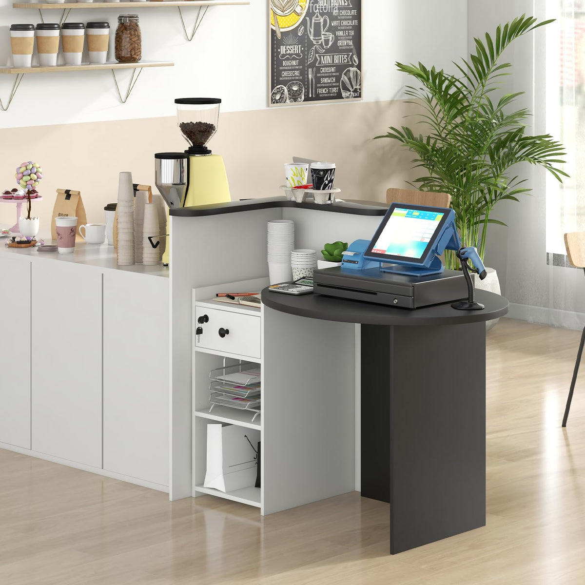 Tangkula Reception Desk, Front Counter Desk with Lockable Drawer & Adjustable Shelf, Oval Desktop, Retail Counter for Checkout, Computer Workstation for Salon Lobby Office, Home Office Desk