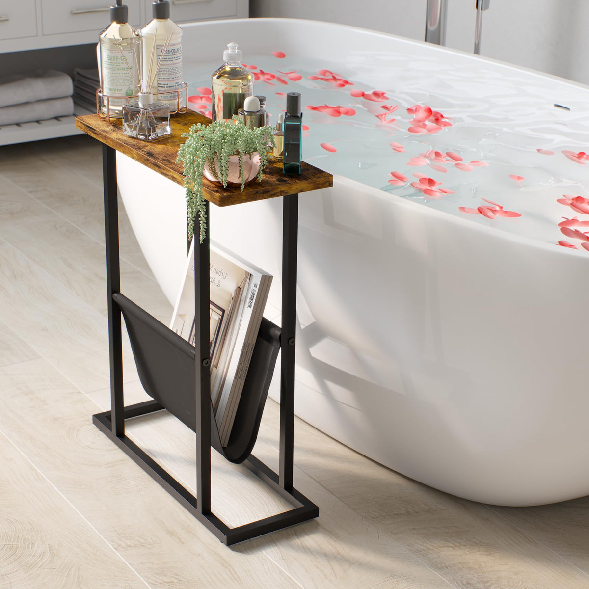Yusong Narrow Side Table for Small Spaces, Small End Table with Magazine Holder, Skinny Slim Little Thin Table for Living Room, Bedroom, Sofa, Rustic Brown