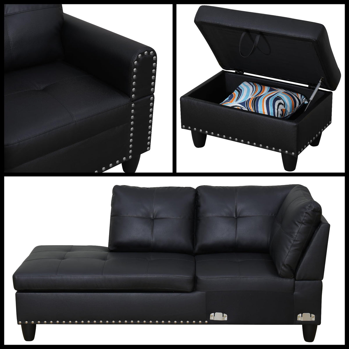 Trygoal L-Shaped Sectional Sofa with Movable Chaise & Storage Ottoman, Leather 3-Piece Modular Convertible Couches for Living Room, Apartment & Office, Black