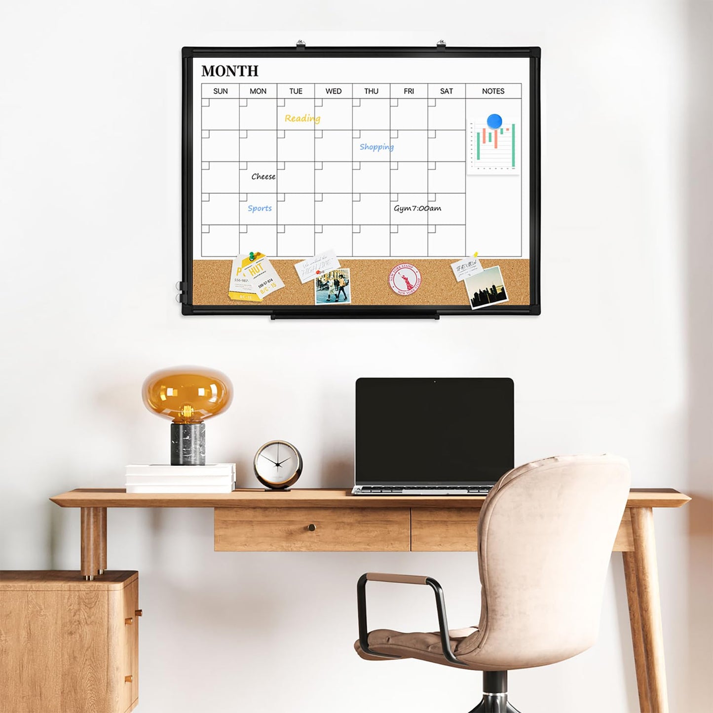 QUEENLINK Dry Erase Calendar Board for Wall, 24"x18" Magnetic Whiteboard Calendar Double-Sided Monthly White Board with Cork Board, Black Aluminum Frame Memo Message Board for Office, Home, School