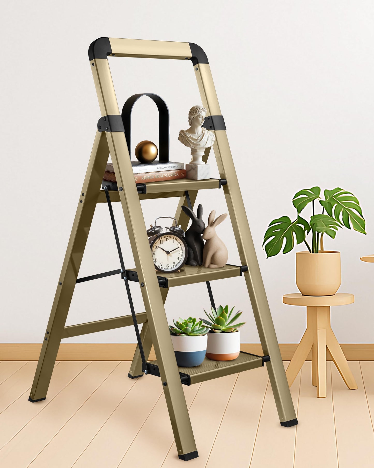 BIBKOKE Step Ladder 4-Step Champagne Gold Finish Aluminum Folding Step Ladders,Anti-Slip Max 330 lbs