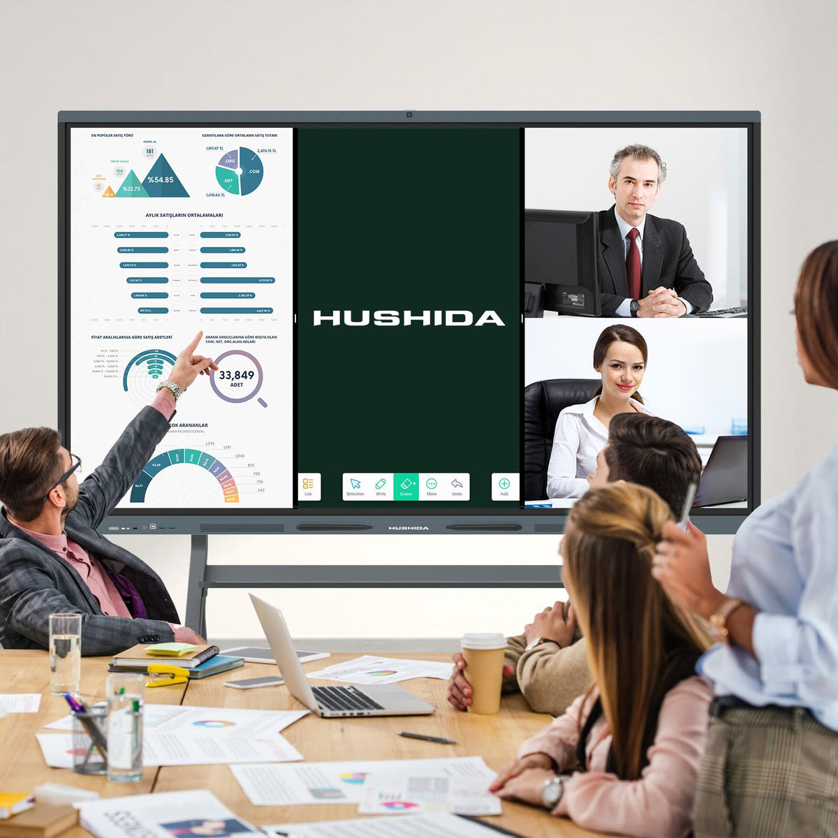 HUSHIDA 65 Smart Board, 4K UHD Interactive Whiteboard Built in Dual System and 48MP Camera, All in One Digital Whiteboard for Home, Classroom and Business (Wall Mount Included)
