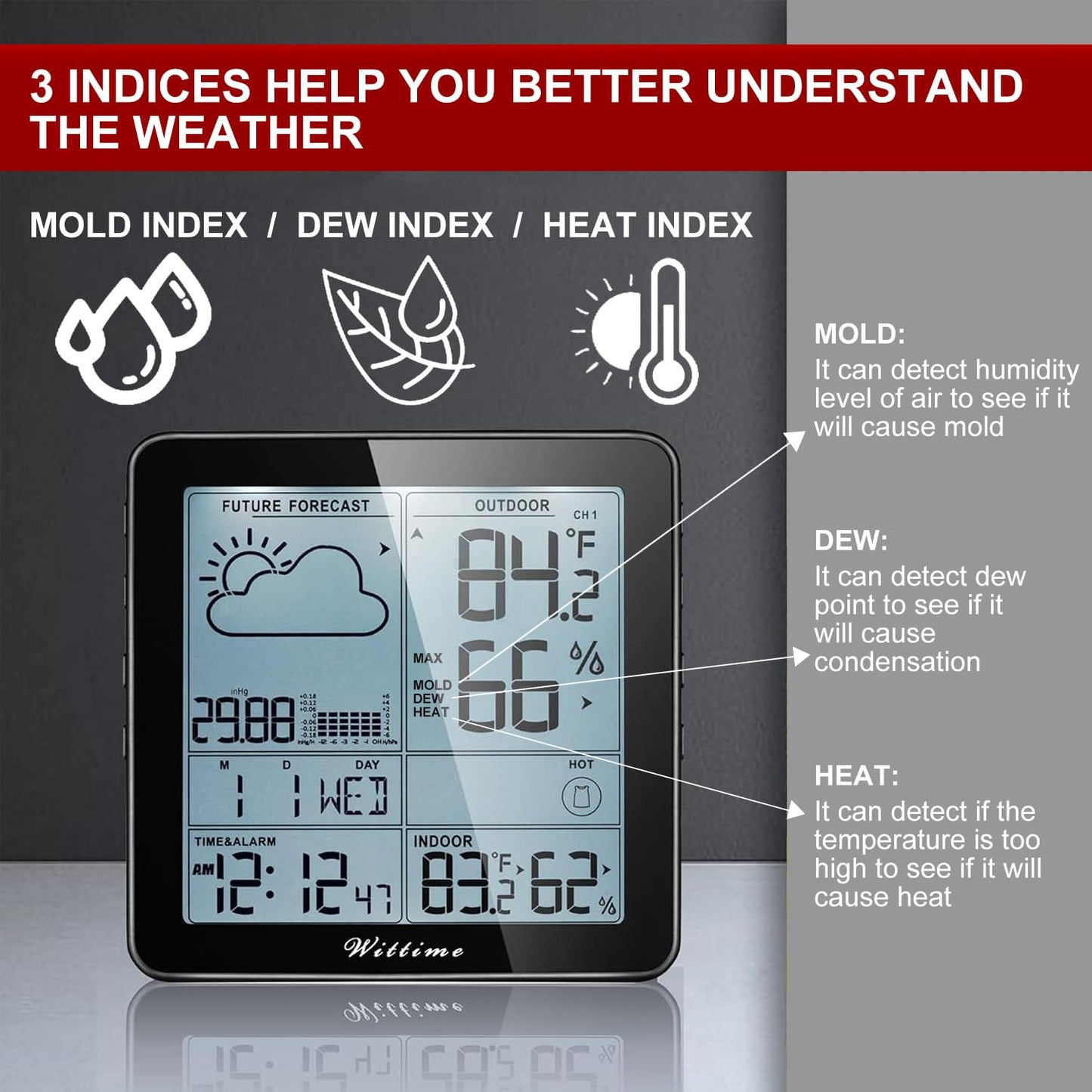 Wittime Weather Station Indoor Outdoor Thermometer Wireless Battery Powered, Atomic Clock with Indoor Outdoor Temperature Weather Clock, Dew Mold Heat Index 2180