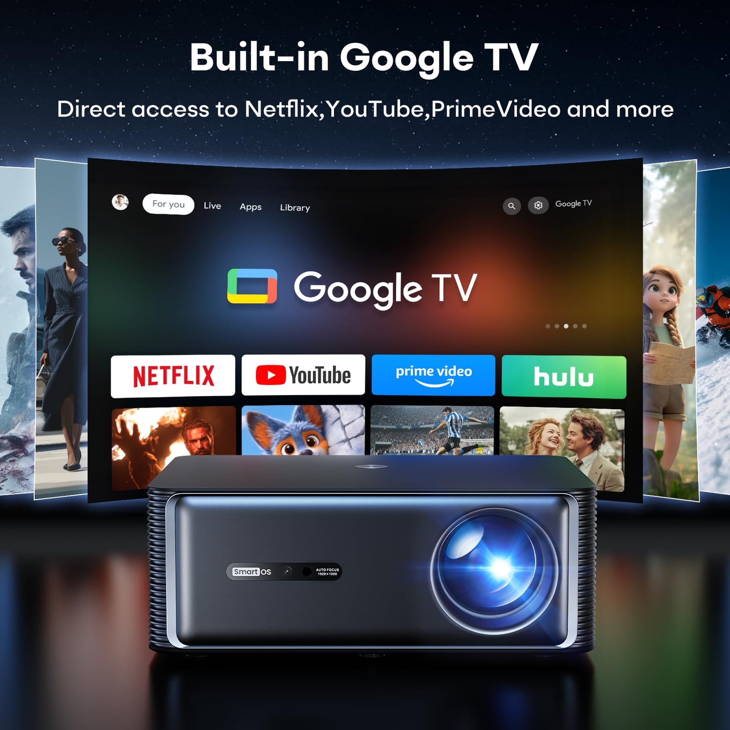 Boldever 1500 ANSI Google TV Smart Projector - 4K Projector with WiFi and Bluetooth, 20W HiFi Speakers Outdoor Movie Proyector, Auto Focus & Keystone Projector for Home Theater Indoor