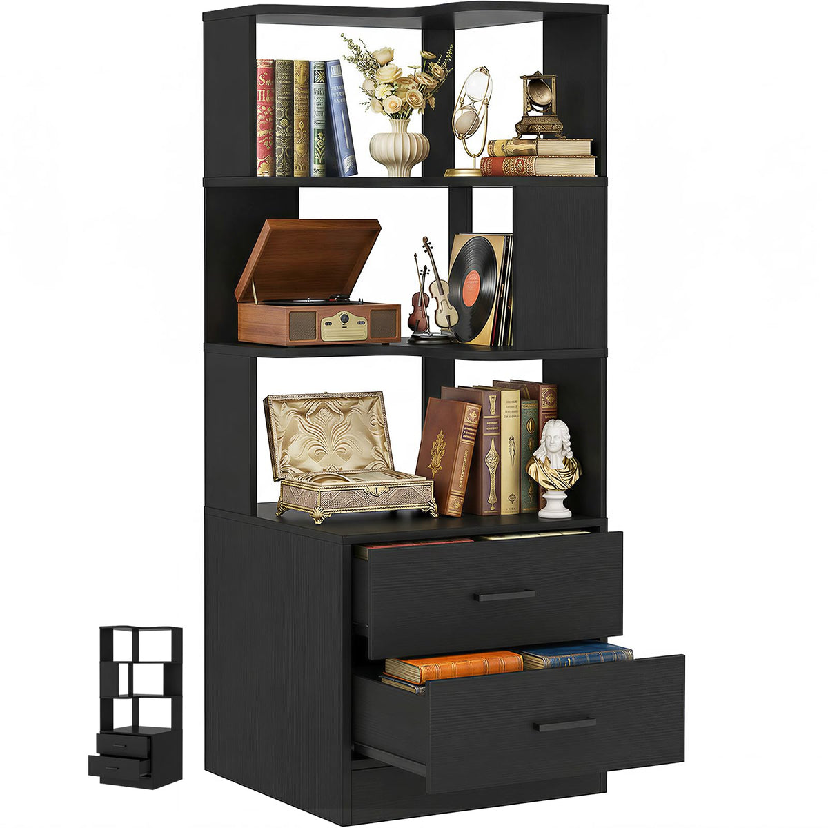 Armocity Corner Bookshelf with Drawers, 6 Tier Corner Book Shelf Display Bookcase, Freestanding L Shaped Bookshelf for Bedroom, Living Room, Home Office, Black