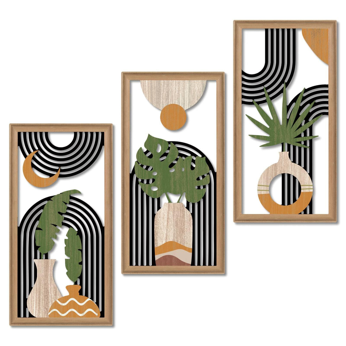 Putuo Decor Boho Abstract Wall Art Set of 3, Modern Minimalist Wooden Wall Decor, Geometric Aesthetic Botanical Artwork, Mid-Century Modern Design for Living Room, Bedroom, Office, Black 16.5 x 8.6