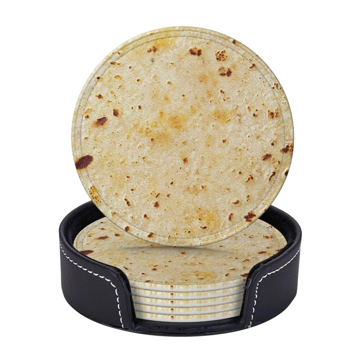 Tortilla Coasters for Drinks Set of 6, Round Leather Coaster with Holder, Drink Coaster Sets for Home Bar Decor House Warming Gift
