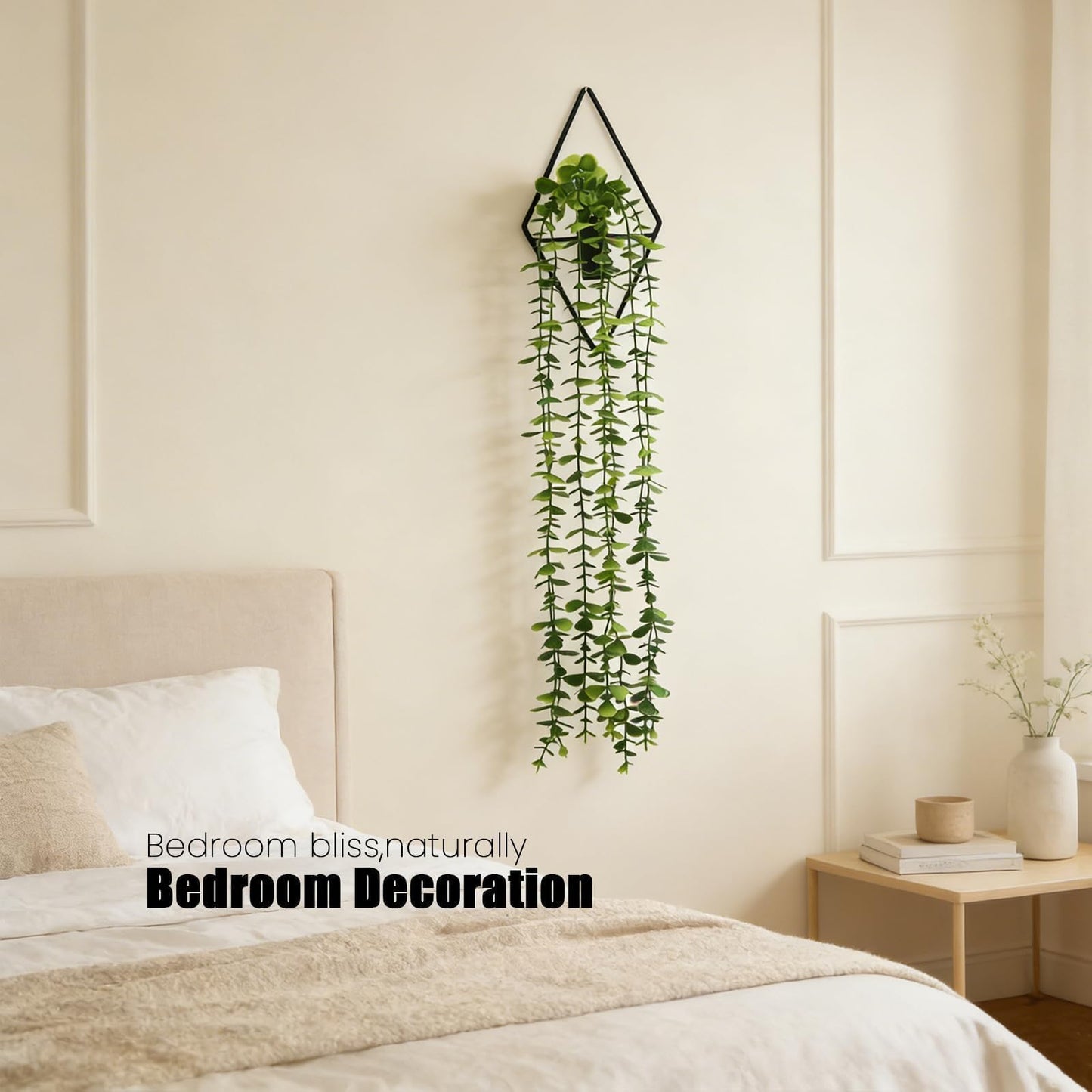 GREENTIME 2 Pack Fake Succulent Plants Hanging Artificial Ivy Vine with Black Diamond Metal Hanging Vase Faux Hanging Eucalyptus for Teacher Appreciation Living Room Bedroom Boho Kitche Wall Shelf