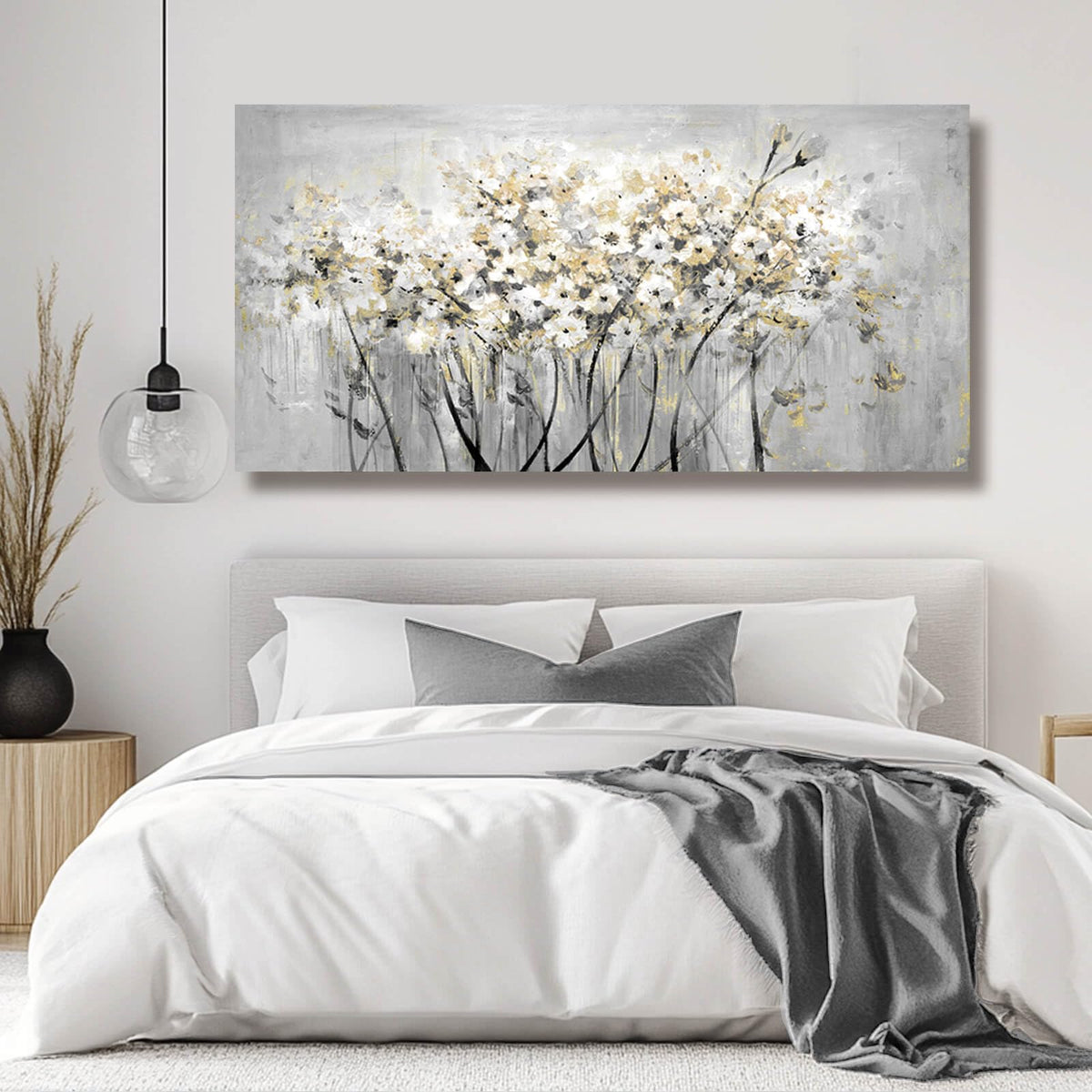 Flowers Canvas Wall Art White Paintings Grey Gold Contemporary Artwork Master Bedroom Wall Decor 29"x 58" Large Framed Art for Living Room Office Home Decor