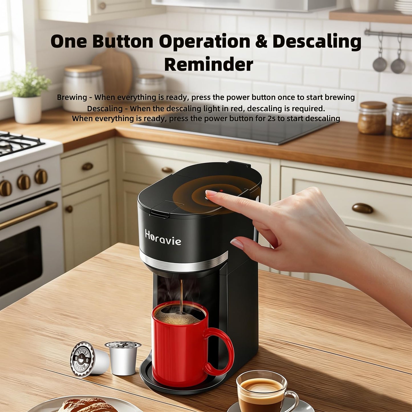 Horavie Small Single Serve Coffee Maker for K Cup and Grounds, Fast Brew One Cup Coffee Machine with One Button, 6 to 12 oz. Brew Sizes, Perfect for Home and Travel, Black