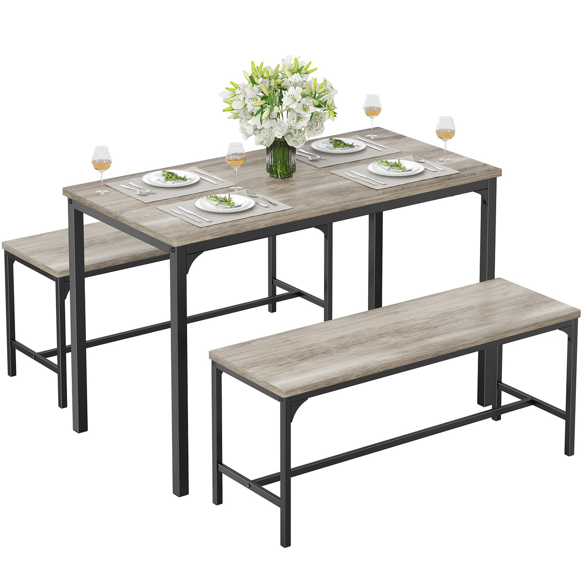 DUMOS Dining Table Set, Dining Table for 4 with Bench,Kitchen Table, Space-Saving Ideal 4-Person Set for Dining Room Kitchen Apartment Corner Grey 3 Pack