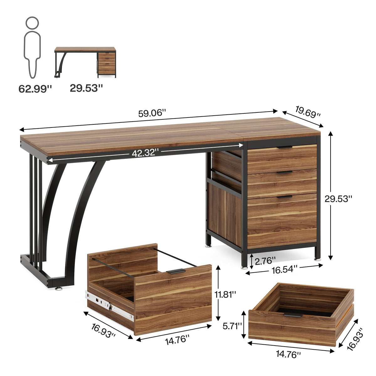 Tribesigns Computer Desk with 3 Drawers, 59-Inch PC Desk with Reversible Drawers, Industrial Study Writing Table Workstation with File Storage for Home Office, Walnut
