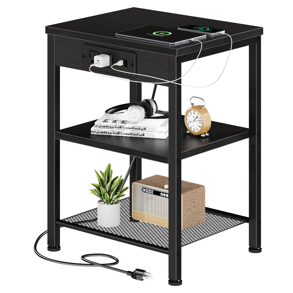 DUMOS 15.7" Small Side Table with Charging Station, End Table with Outlets & USB Ports, 3-Tier Adjustable Storage Nightstand for Living Room, Bedroom, Small Spaces, Record Player Stand, Black