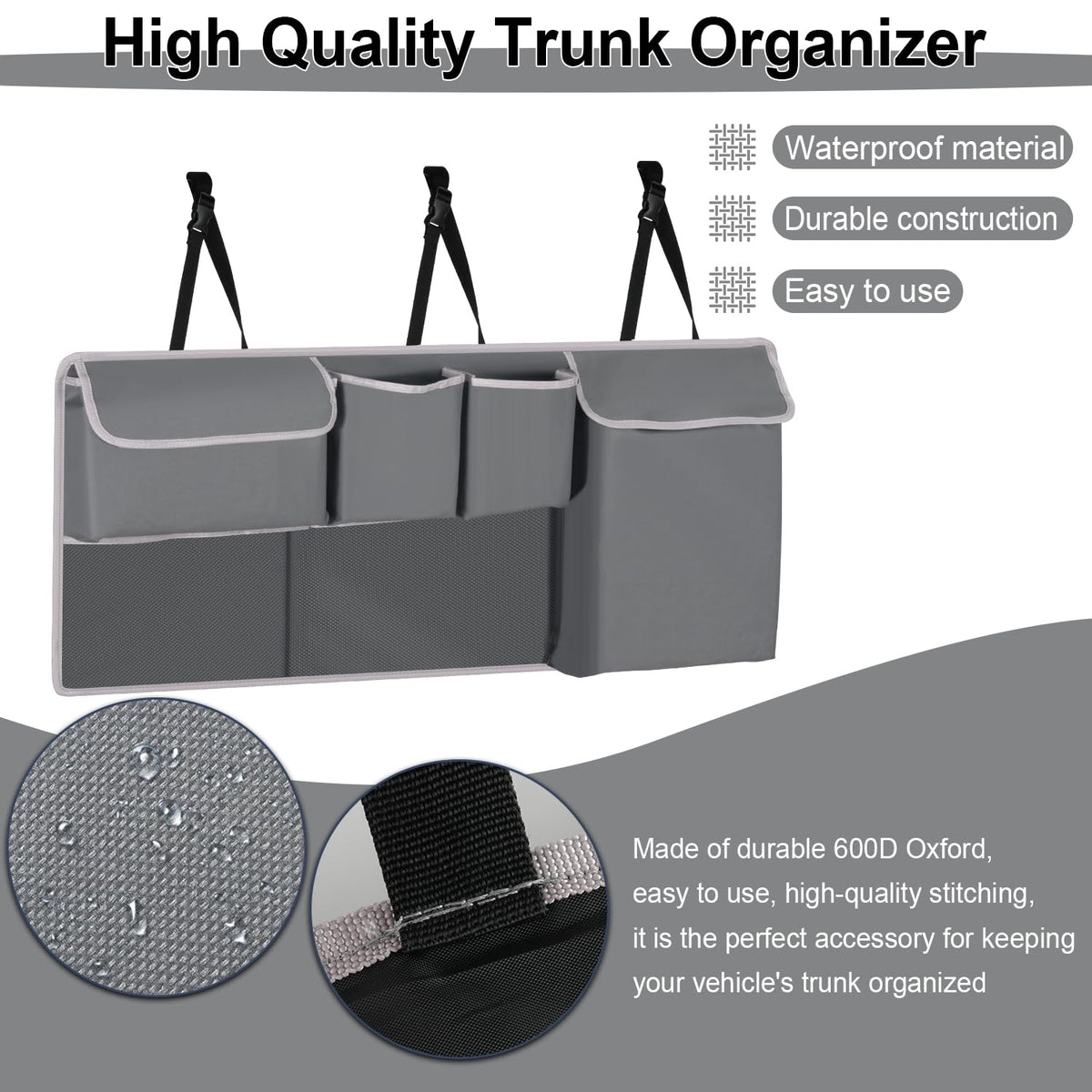 UYYE Trunk Hanging Organizer, Backseat Storage Bag, Collapsible Car Interior Accessories with 4 Pockets & 2 Mesh Pouches for Tools, Provide More Storage Trunk Space for SUV, Jeep, MPVs (Grey)