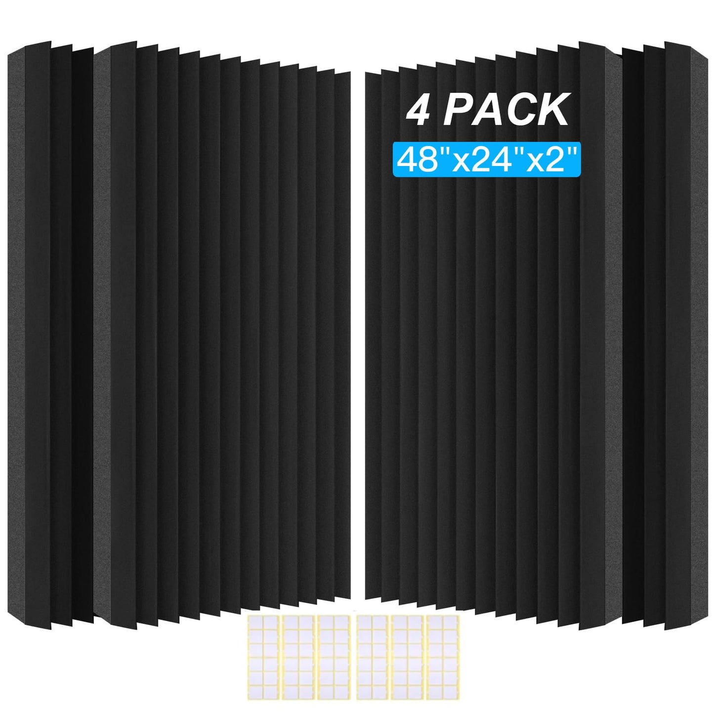 4 Pack Acoustic Foam Panels, 48 x 24 x 2" Sound Proof Foam High Density Studio Wedge Tiles Fire Resistant Acoustic Panels for Home Office, Recording Room, Studio (Black, Black 4 Pack)