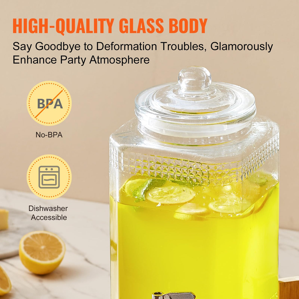 VEVOR Beverage Dispenser, 1.5 Gallon Drink Dispensers for Parties, Glass Juice Dispenser with Stand, Stainless Steel Spigot, Iced Tea Lemonade Juice Water Dispenser, for Restaurants, Hotels, Parties