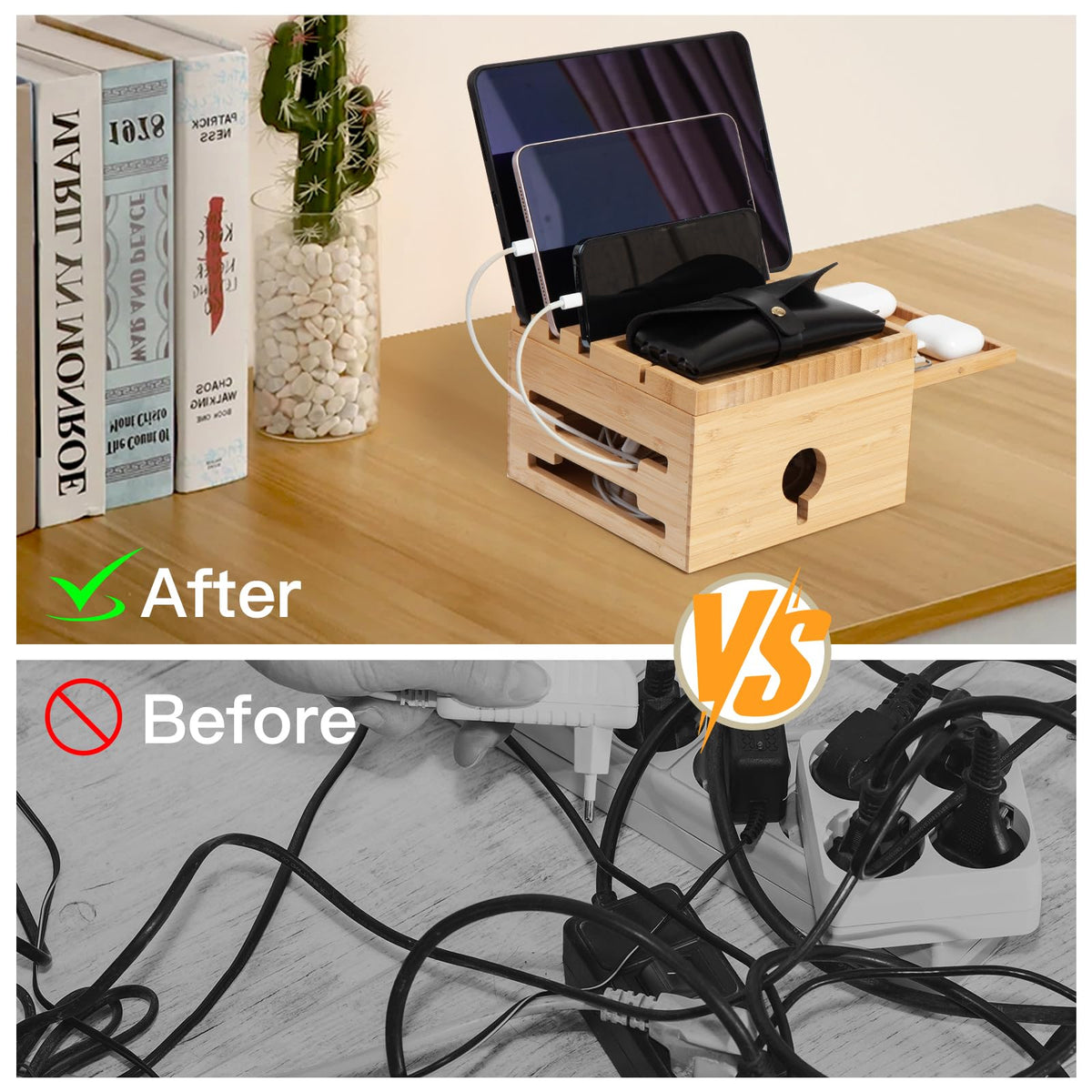 Bamboo Charging Station for Multiple Devices, Nightstand Docking Station with Small Tray, Desktop Wood Charger Organizer, Compatible with Cell Phone, Tablet, Earphones (No USB Charger and Cables)