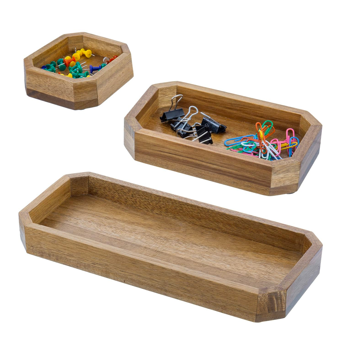 MyGift Premium Solid Acacia Wood Octagonal Desk Organizer Trays Office Stationery Holders, 3 pc Set