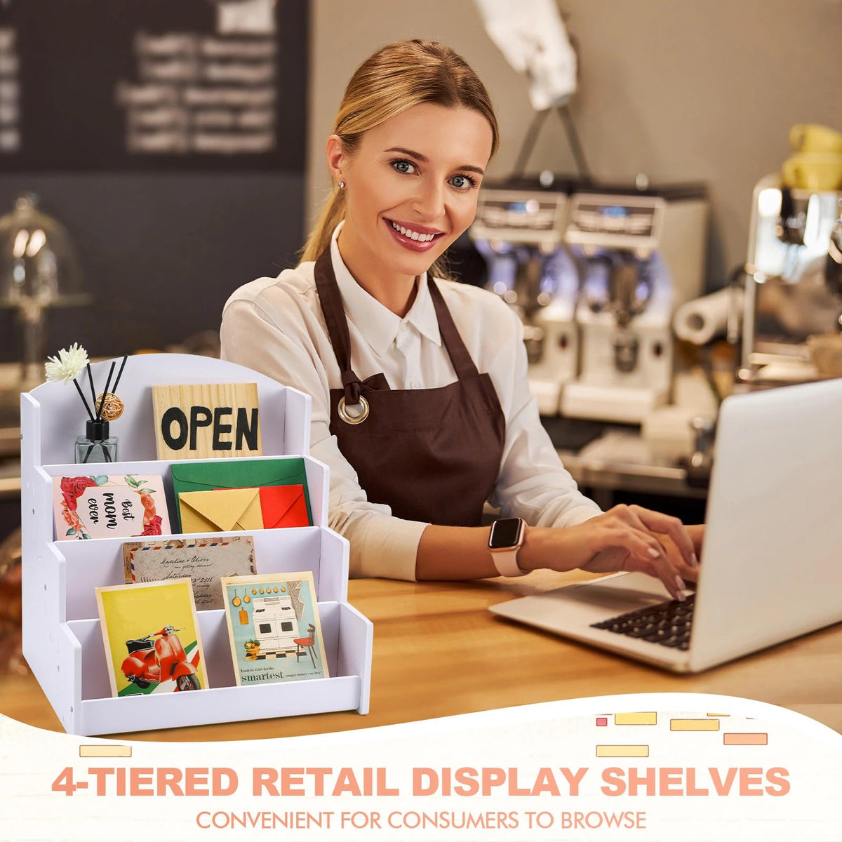 Sunnychicc 1 Pack 4-tiered Greeting Card Display Stand Bookmark Organizer Display Multi Purpose PVC Displaying Rack for Stickers Postcard Love Note Vendors Booth Brochure (13.2 x 12 x 10.2 Inch,White)
