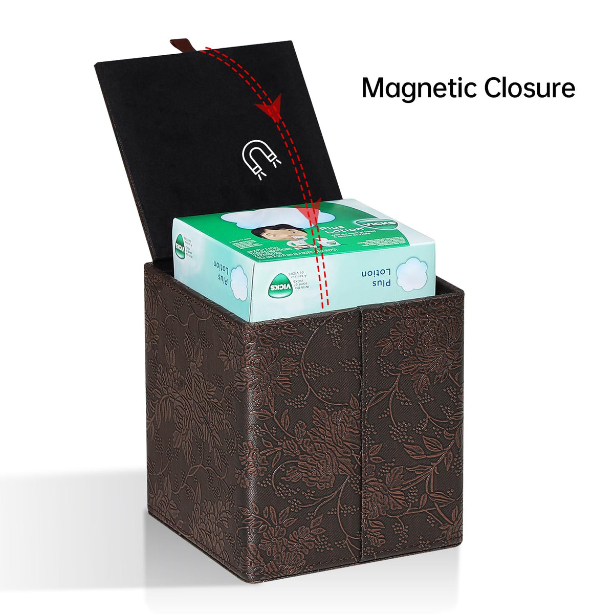 Square Tissue Box Cover, Stylish Leather Tissue Box Holder with Magnetic Bottom, Used As A Decorative Tissue Holder for Living Rooms, Bedrooms, and Desks (Brown Grape Pattern)