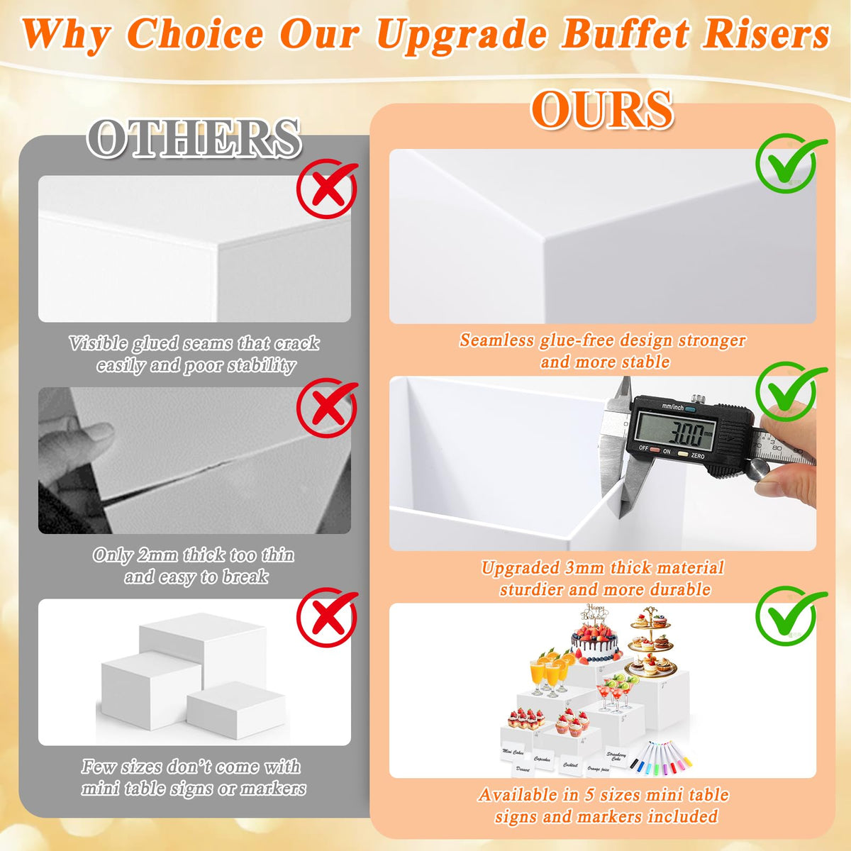6 Pcs White Acrylic Buffet Risers with Mini Sign and Maker, Food Display Stands for Buffet Table Party Catering Dessert Jewelry Collectibles,Nesting Cube Boxes with Hollow Bottoms (8",7",6",5",4",4")