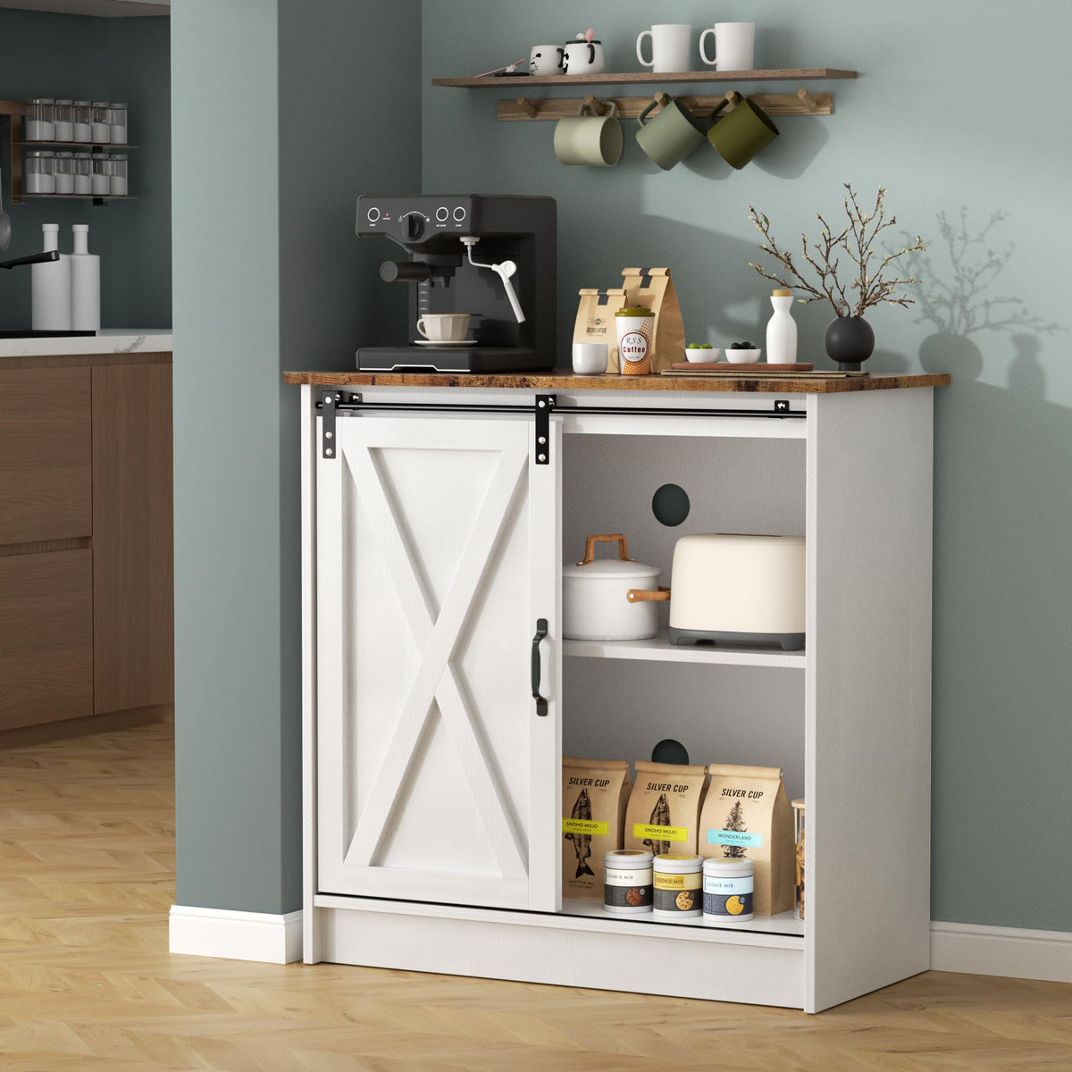 SOFTLYNICE Farmhouse Coffee Bar Cabinet, Coffee Bar Table with Sliding Barn Door, Suitable for Kitchen, Dining Room and Living Room