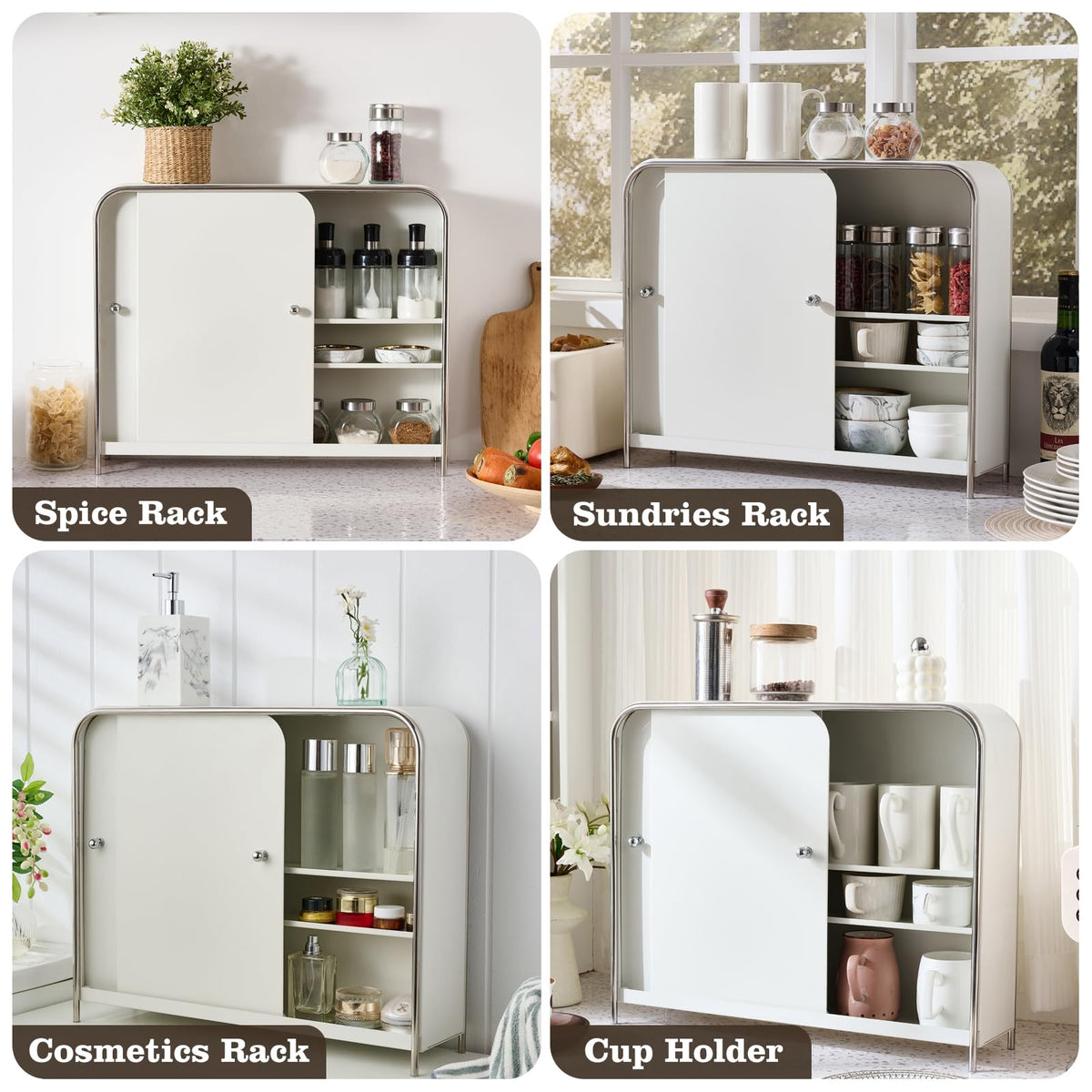 MOZIMABOX 3-Tier Desktop Storage Cabinet, Kitchen Spice Rack with Adjustable Shelves & Sliding Door, Cups Storage Metal Cabinet Sideboard Desk Organizer, Tabletop Organization Box for Office Home
