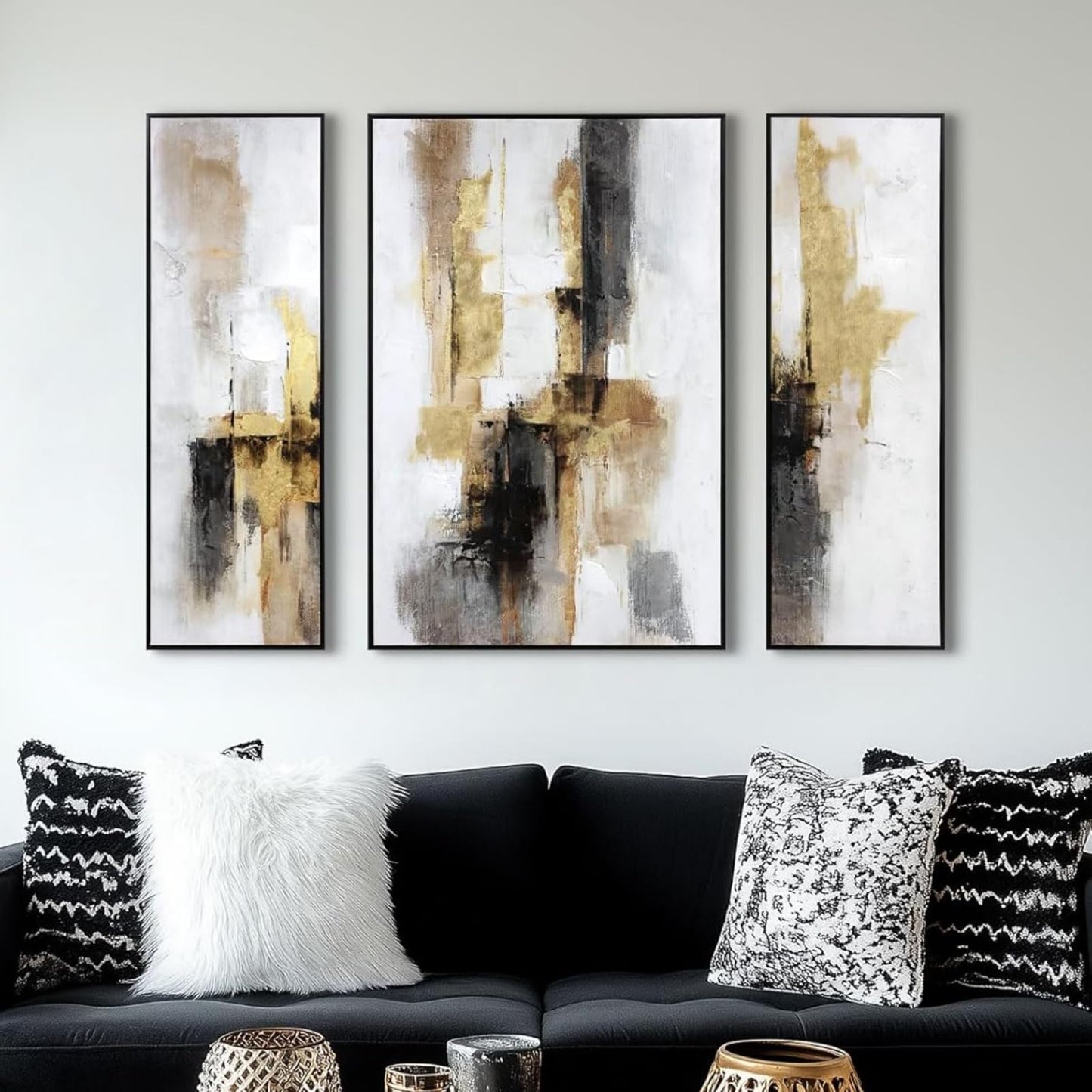 3-Piece Black & Gold Abstract Wall Art - Modern Textured Canvas Prints with Hand-Applied Brush Strokes, Large Wall Decor for Living Room, Bedroom, or Office, 2 x 12 x 36 and 1 x 24 x 36 Inches