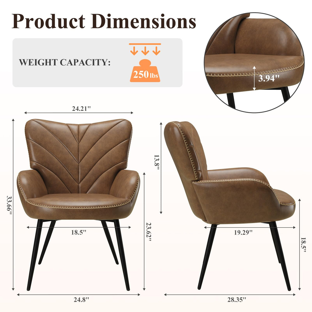 MALOL Mid-Century Modern Faux Leather Accent Chair for Living Room, Upholstered Armchair with Curved Ergonomic Back, High-Density Cushion & Metal Legs, Lounge Chair for Bedroom/Reading Corner