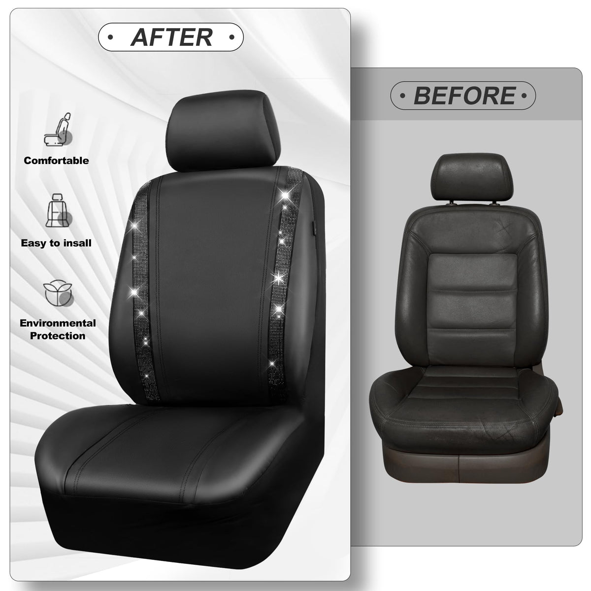 CAR PASS Leather Bling Diamond Car Seat Covers Full Set, Shining Rhinestone Waterproof Durable Rear with Zipper, Universal Fit Automotive Glitter Crystal Sparkle Strip for Cute Women Girly Black