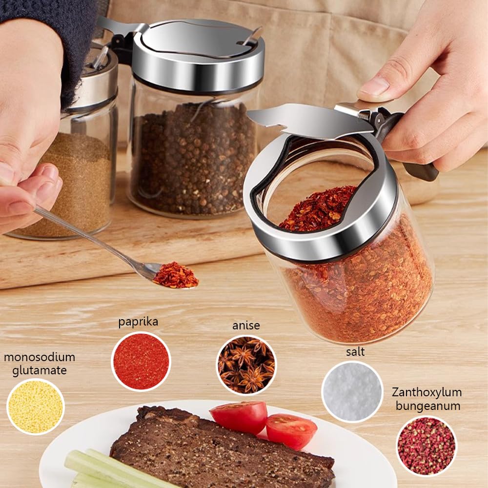 TINMIX Revolving Condiment Pots Sugar Bowl Salt & Pepper Cellar with Lid and Spoon, Set of 4 Seasoning Box Spice Jar with 360 Rotating Tray for Kitchen, 2 Pots+2 Oil Dispenser Bottles