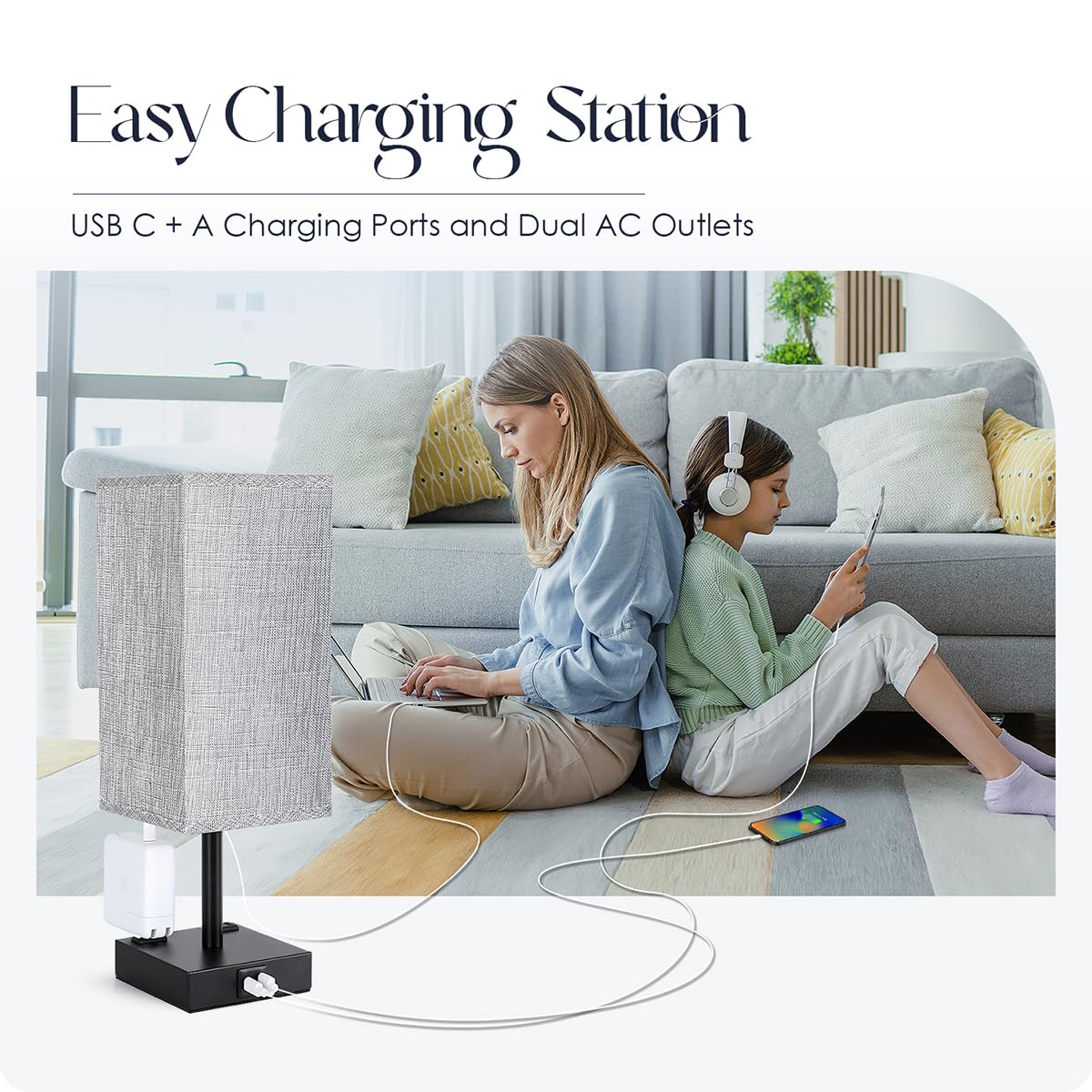 Soilsiu Bedside Table Lamp for Bedroom - Touch Small Lamp with USB C+A Charging Ports & AC Outlets, 3 Way Dimmable Nightstand Light for Living Room (LED Bulb Included, Grey)