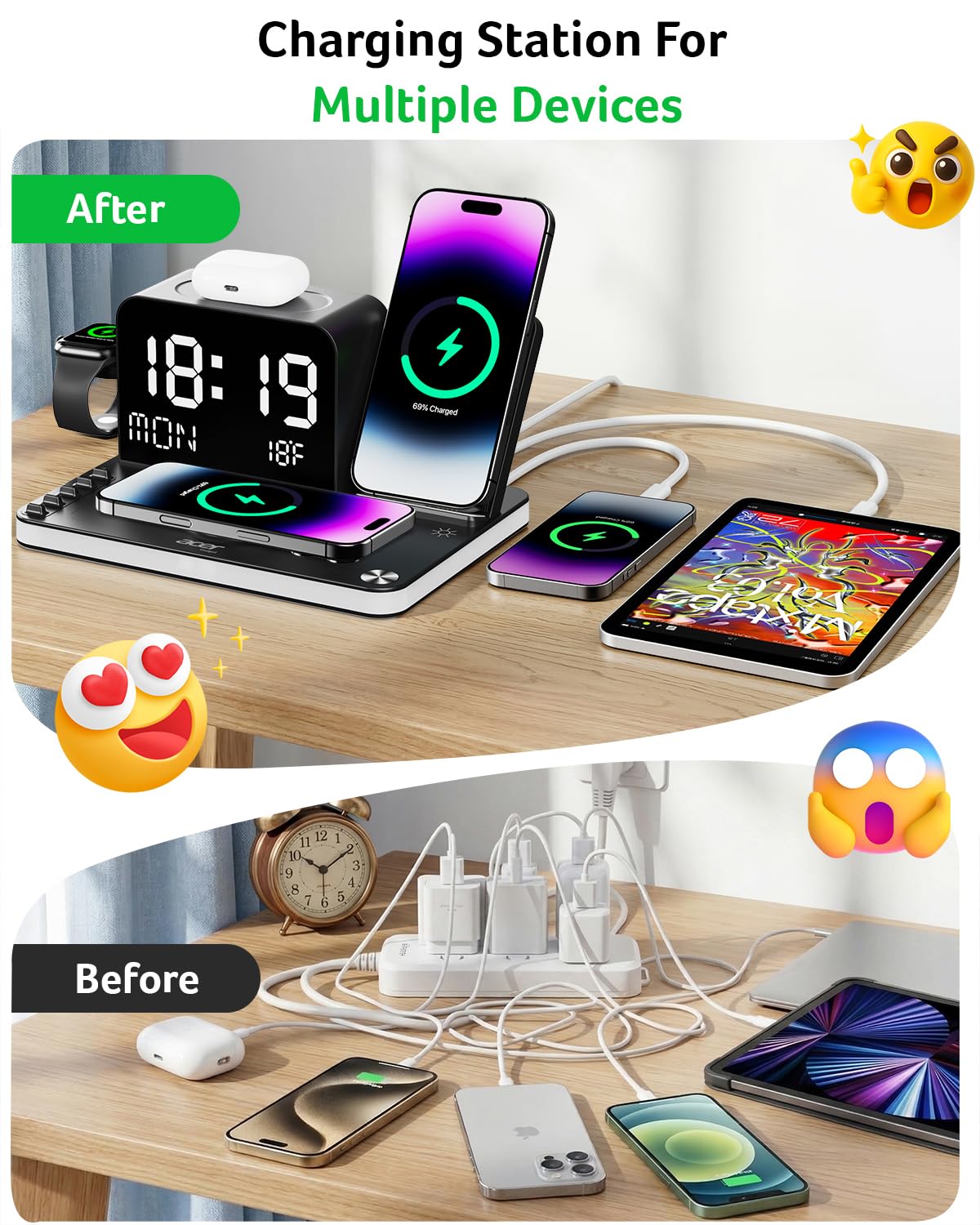 Acer Gadget 7-in-1 Wireless Charging Station Charger Stand for Multiple Devices for Apple - iPhone 17 16 15 14 13 12 Pro Max Apple Watch Airpods, Wireless iPhone Charger Station with Bluetooth TimeSyn