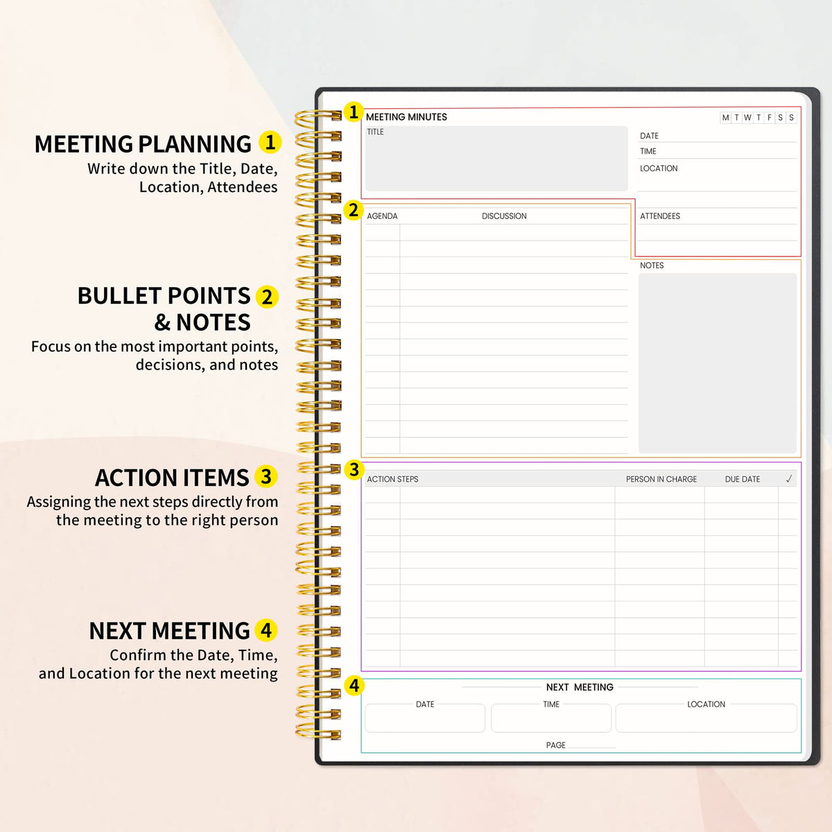 SUNEE Meeting Notebook for Work with Sticky Tabs - 160 Pages, A4 Size Project Planner, Spiral Meeting Agenda/Minutes Notebook Organizer for Women Men, Note Taking, Office & Business, 8.5"x11", Black