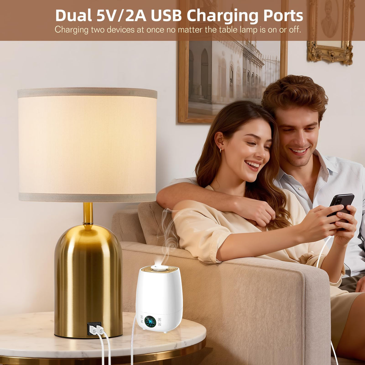 GyroVu Touch Control Table Lamps Set of 2, Gold Bedside Table Lamps for Bedroom Living Room Office, Modern Dimmable Desk Lamp for Nightstand with 2 USB Charging Ports, 2 Bulbs Included