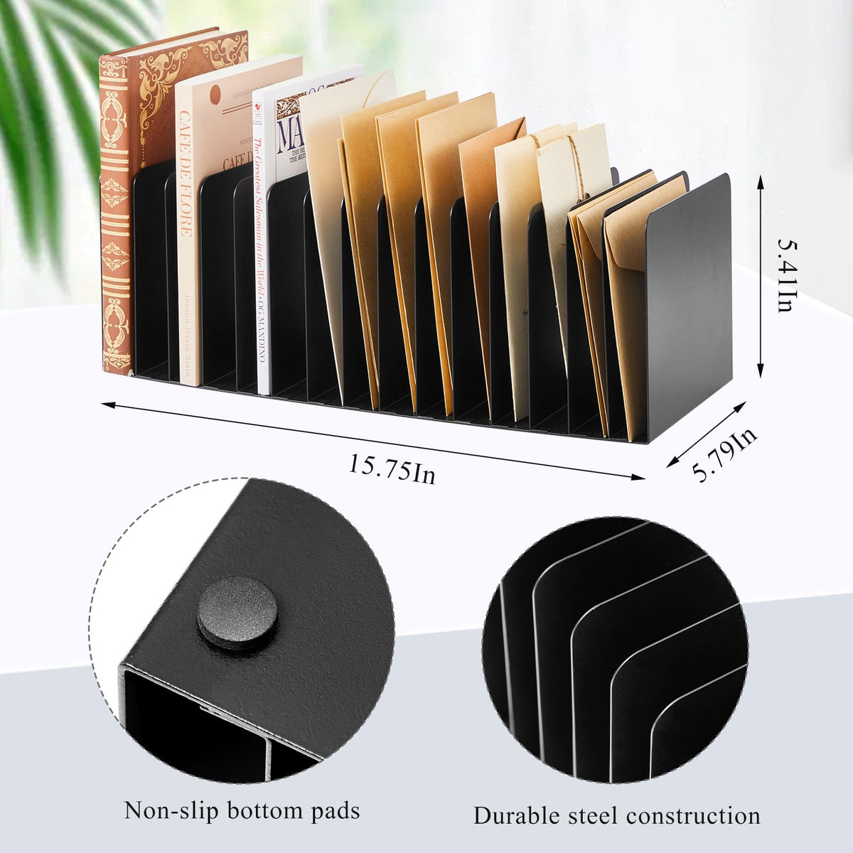 Suzile 2 Pcs Vertical Metal Desk File Organizer, 15 Compartments Desktop Document Sorter & Mail Holder for Office Home Classroom, 15.75 l x 5.79 W x 5.41 H, Black