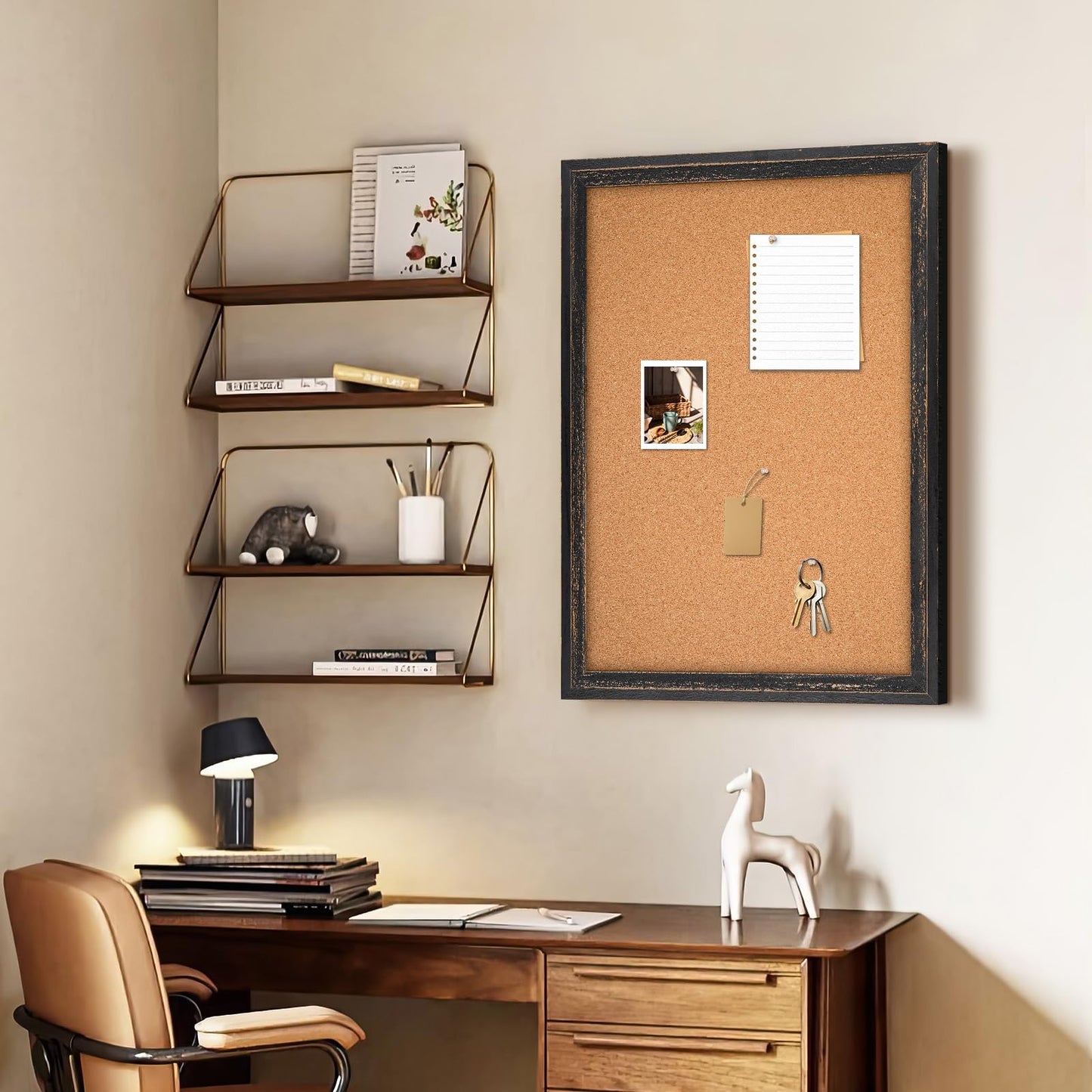 QUEENLINK Cork Board Bulletin Board, 30" x 20" Corkboard for Wall, Rustic Black Wooden Frame, Decorative Hanging Pin Board for Home Office Room Decor, 10 Push Pins