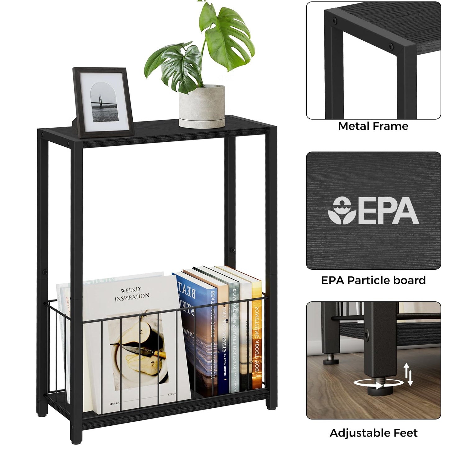 Homleke Narrow Side Table with Magazine Holder, Skinny End Table Perfect for Small Spaces, Space-Saving Design for Living Room, Bedroom, or Office, 7.1" D x 16.9" W x 23.6" H, Black
