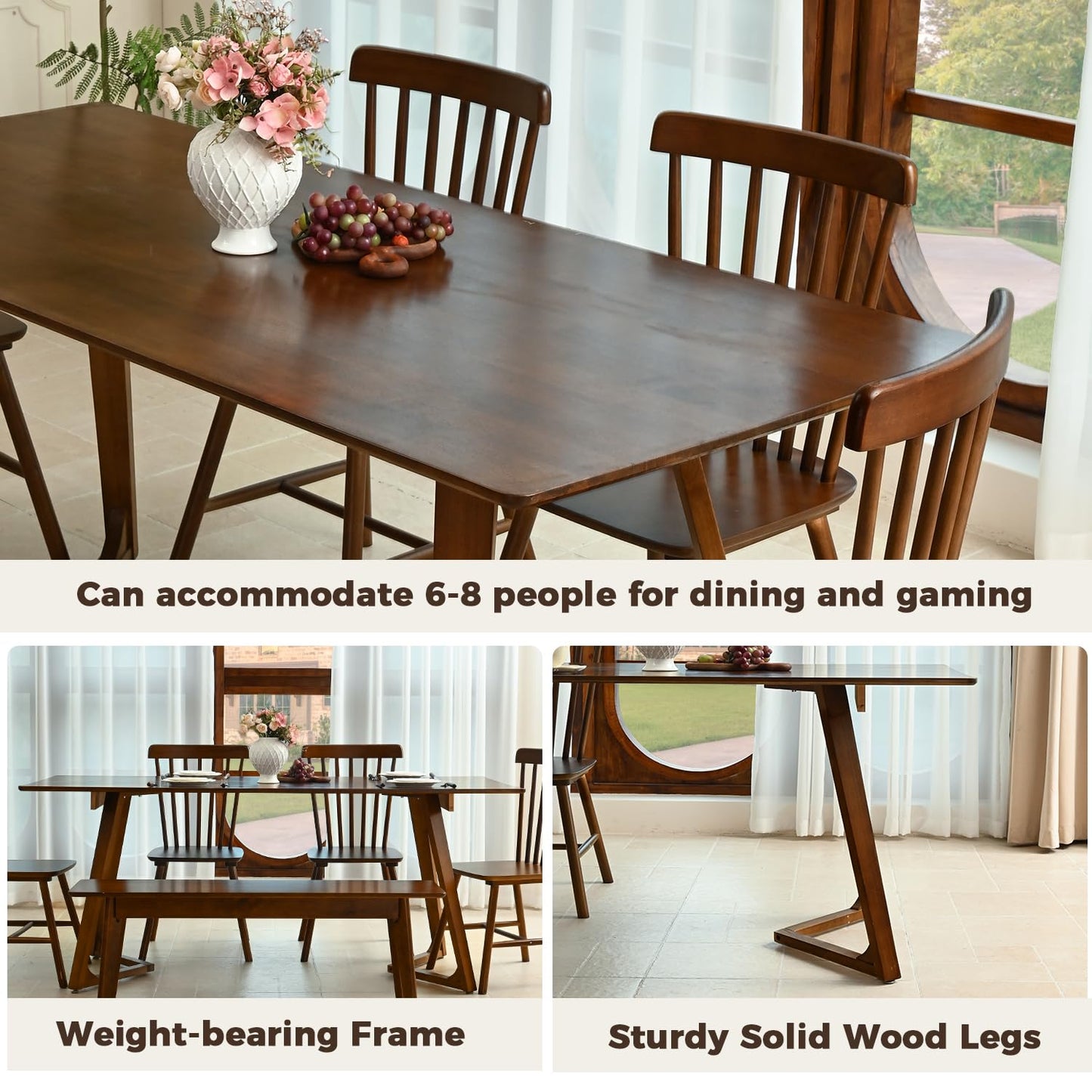DELAVIN 70.8 Inch Large Solid Wood Dinner Table for 6-8 People, Modern Oak Kitchen Table with Natural Wood Grain, Luxury Rectangular Dining Table for Family, Office, Party, Easy Assembly, Walnut