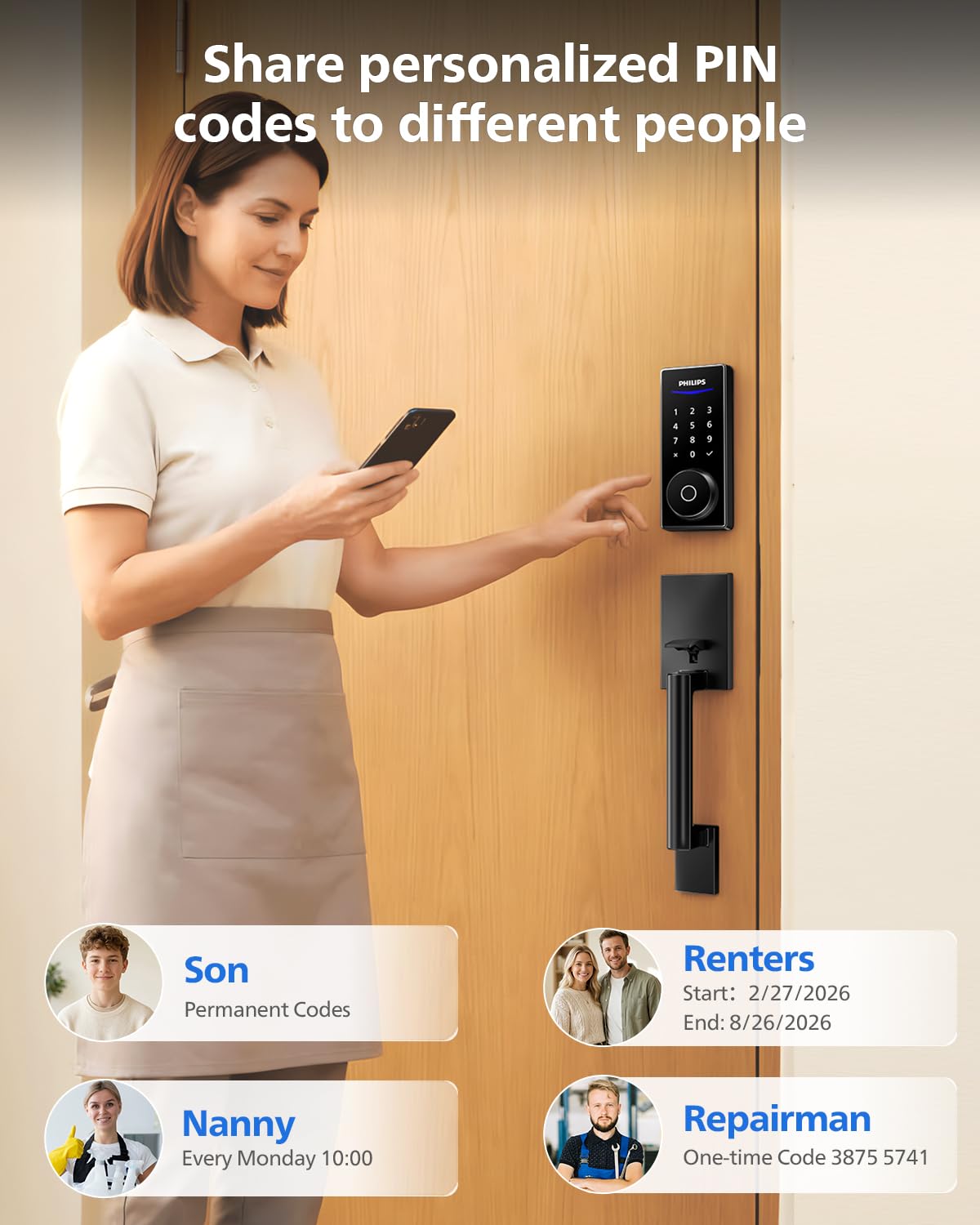 Philips Wi-Fi Smart Lock with Handle, WiFi Keyless Entry Keypad Door Lock with Handle, Front Door Deadbolt Set, Fingerprint Unlock, PIN Code Unlock, Auto Locking, App Remote Control, Bulit in WiFi