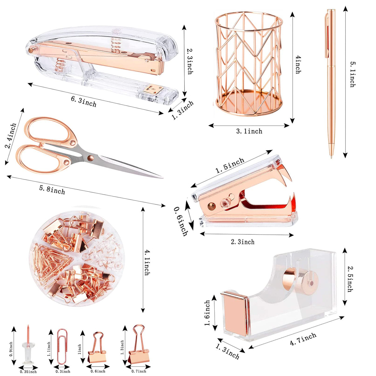 Famassi Rose Gold Desk Accessories，Office Supplies Set Acrylic Stapler Set Staple Remover, Tape Holder, 2 Ballpoint Pen, Scissor, Binder/Paper Clips and 1000pcs Staples.
