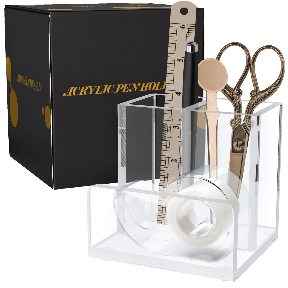 CLASSIC ACRYLIC Pen Organizer for Desk-A Modern Desk Accessory w/a Removable Divider is Great as a Pen & Makeup Brush Holder-This Chic Acrylic Storage Stand Makes a Great Gift for Home/Work Space