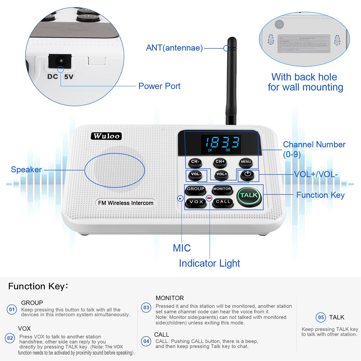 Wuloo Intercoms Wireless for Home 1 Mile Range 22 Channel 100 Digital Code Display Screen, Wireless Intercom System for Home House Business Office, Room to Room Intercom Communication (6 Packs, White)