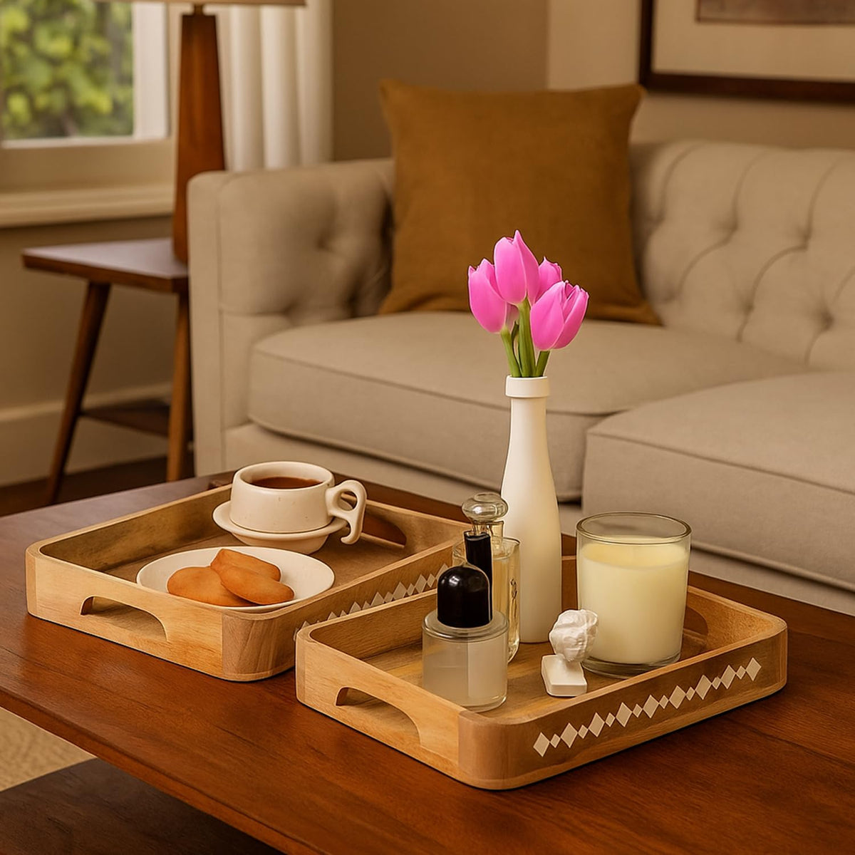 Mela Artisans Wooden Serving Tray Set of 2 with Handles | Mango Wood Decorative Trays | 15x10x1.75 & 13x9x1.75 | Ottoman Tray | Snacks | Desserts | Bread | Coffee Table | Bedroom | Rounded Edge