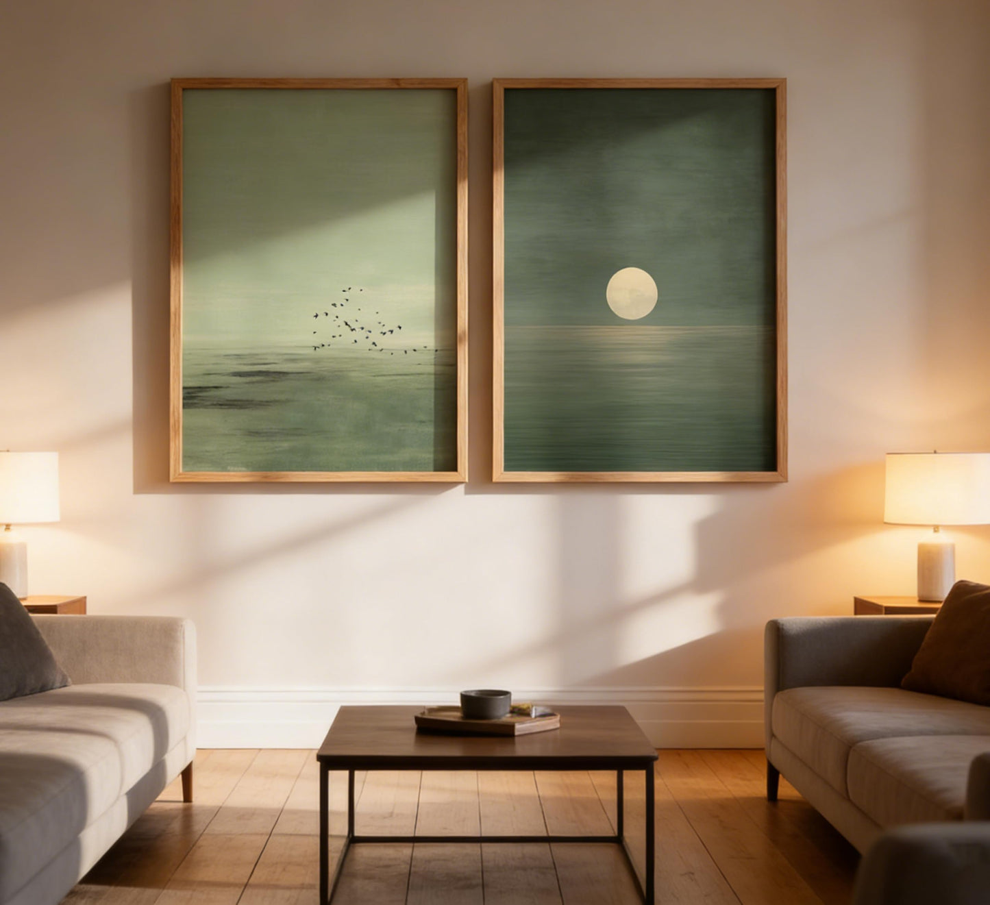 Framed Minimalist Sunset Wall Art Green Ocean Landscape Wall Decor Scandinavian Zen Painting Picture Abstract Landscape Poster Prints Artwork for Bedroom Living Room Office Meditation Room