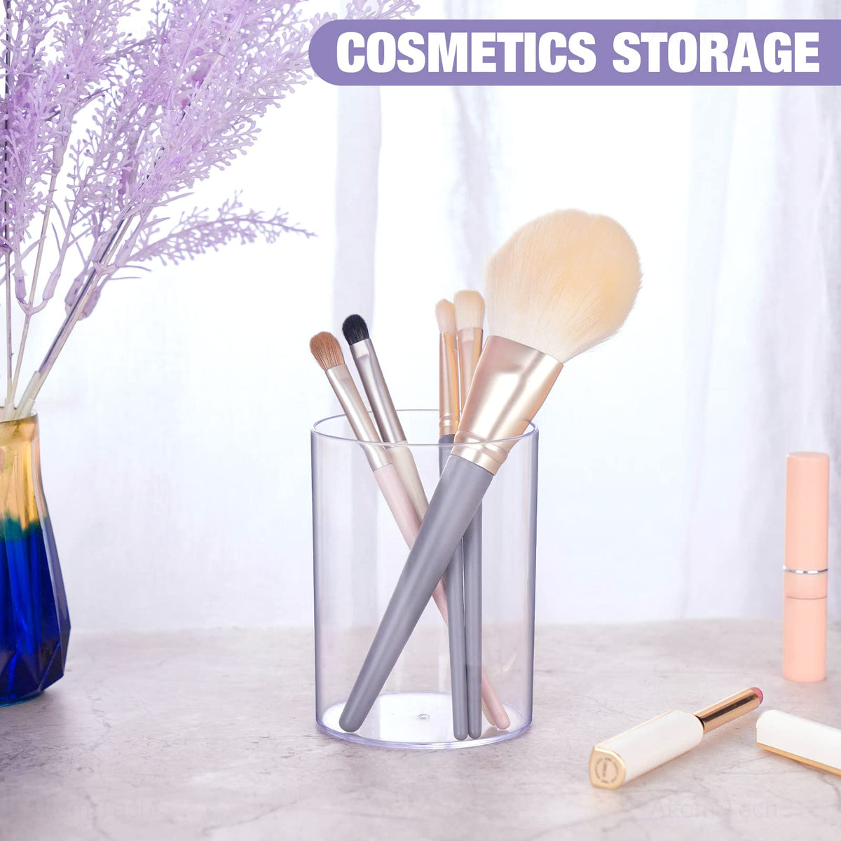 NiOffice Stylish Clear Acrylic Desk Organizer Pen and Pencil Holders Set of 3, Round Makeup Brush Storage Perfect for Home, School and Office Supplies