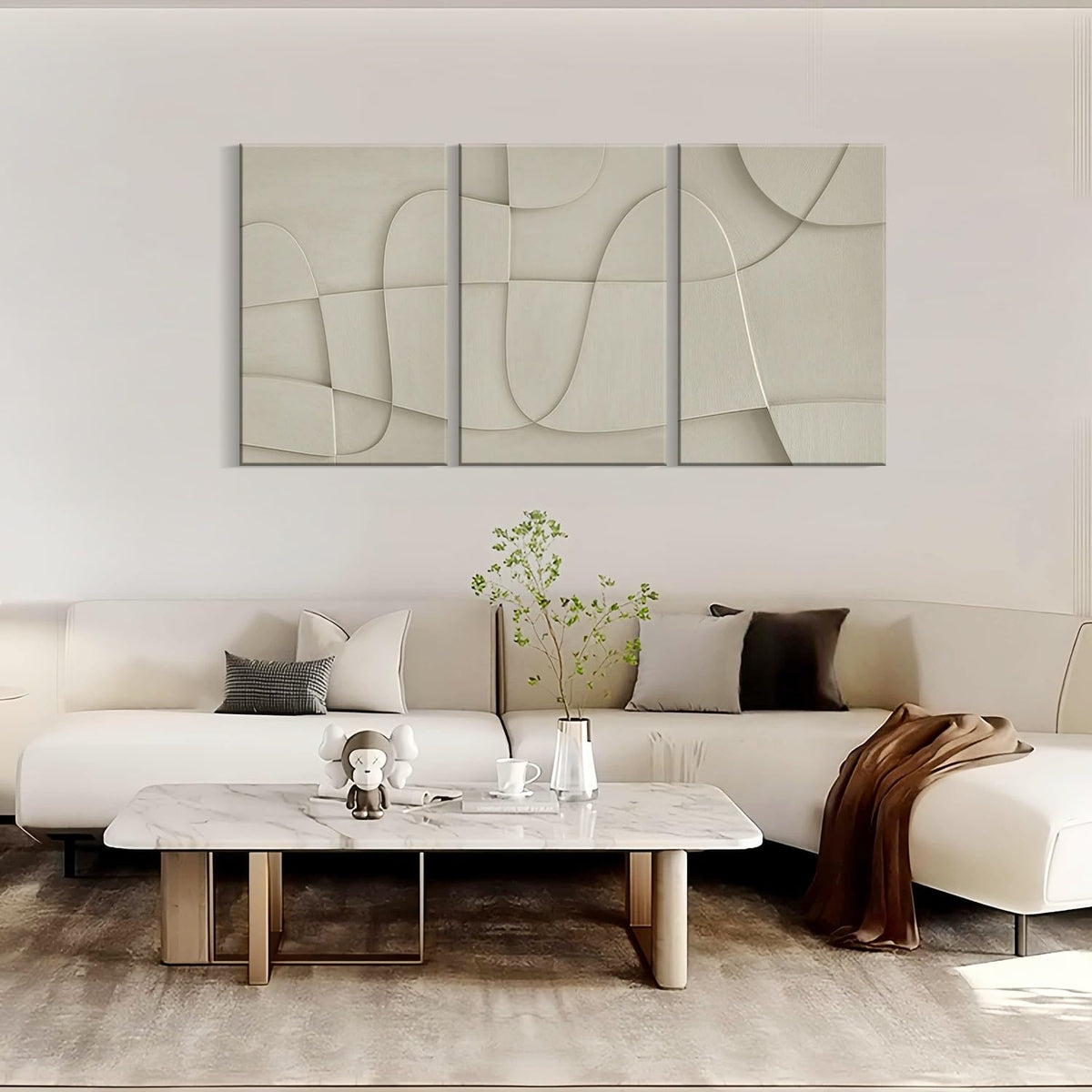 RJETZMU 3 Pcs Abstract Geometric Canvas Wall Art Modern Minimalist Beige Line Pattern Wall Decor for Bedroom Living Room Office 12x16 Inch Ready to Hang