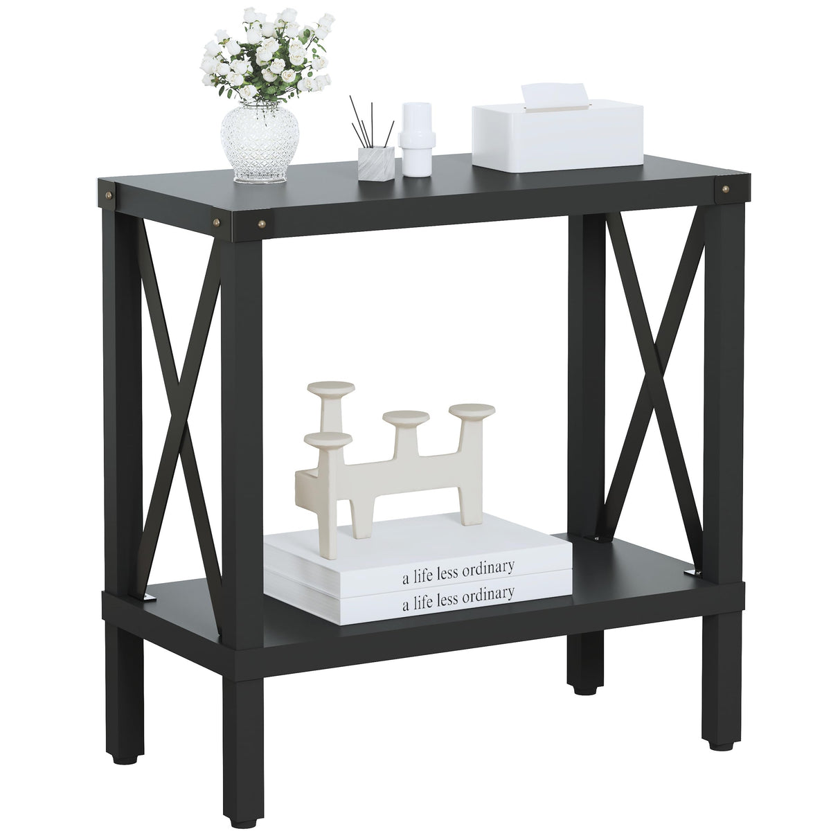MMEOLUOOK Narrow End Table, Large Sofa Side Table, Farmhouse Nightstand with Storage Shelve, Slim Bedside Table for Living, Room Bedroom, Lounge Black MLBZ17B